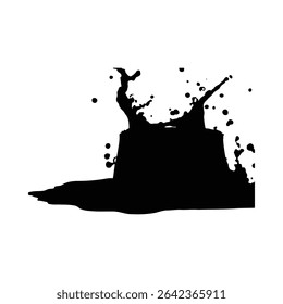 Black ink silhouette splashing from a container against a white background. The ink creates dynamic, energetic shapes and splatters. The style is abstract and graphic.