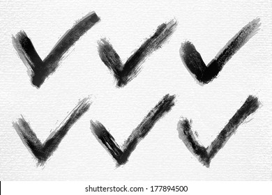 Black ink sketch check mark on watercolor paper. Aquarelle abstract textured in handmade technique. Isolated shape on white background. Vector illustration clip-art element for design in 10 eps