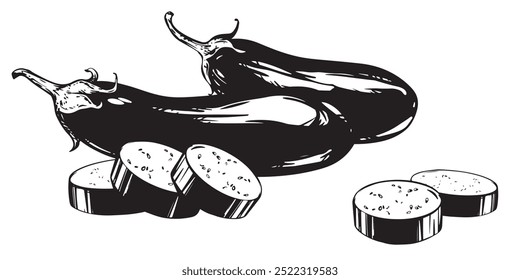 Black ink sketch of eggplant. Hand drawn whole brinjal vegetable and pieces on white background. Vector illustration of aubergine in engraving style. Illustration for label, product packaging.