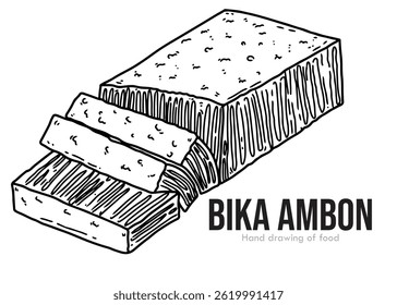 Black ink sketch hand drawing of bika ambon cake. indonesian food, asia, souvenirs, asia