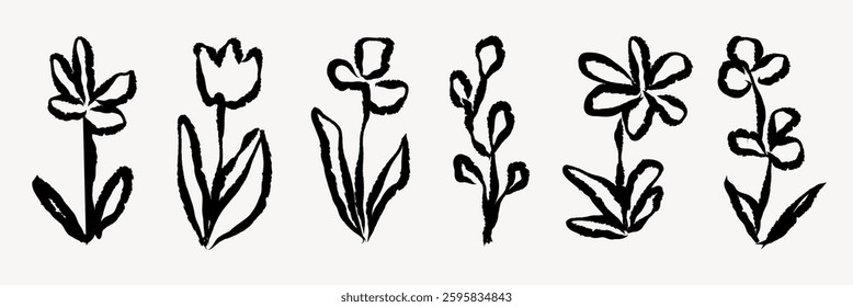 Black ink sketches of six different flowers, each with unique petals and leaves. Simple floral designs in a minimalist style, showcasing diverse flower shapes. Hand drawn botanical vector set.