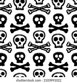 Black ink skull and bones isolated on white background. Cute monochrome seamless pattern. Vector simple flat graphic illustration. Texture.