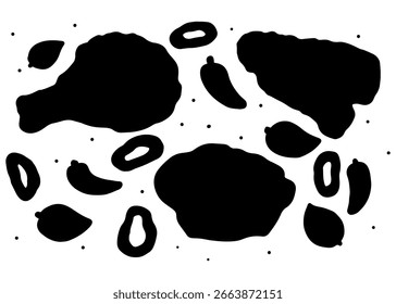 Schwarze Tintenschmutzspritzer und -spritzer bilden ein nahtloses gebratenes Hühnermuster mit einem dekorativen Flüssigspritzer-Design.