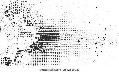 Manchas de tinta preta e pontos de meio-tom no plano de fundo branco criam uma textura abstrata de alto contraste com densidades e tamanhos variados de elementos.