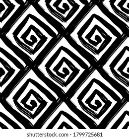 Black ink spiral squares and rhombuses isolated on white background. Linear monochrome geometric seamless pattern. Vector flat graphic hand drawn illustration. Texture.