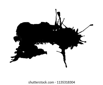 Black ink splash or drop made with brush. Ink splatter. Isolated vector illustration