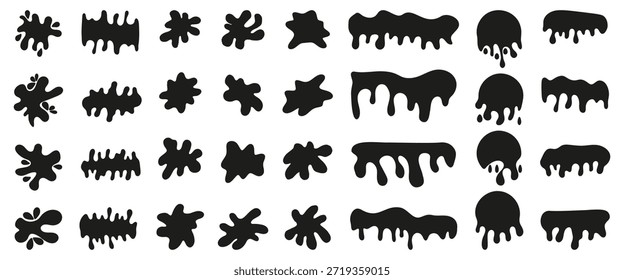 Schwarze Tinte spritzen und malen Flecken Formen in organischen tropfenden Formen. Kühne abstrakte Silhouetten für Grunge- und Kreativdesign-Projekte