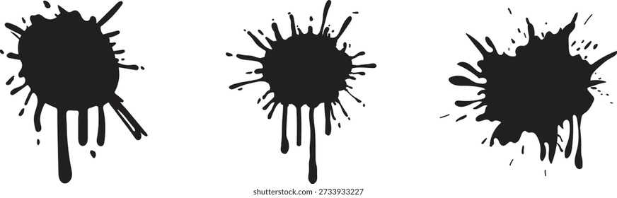 Conjunto de salpicaduras de tinta negra y salpicaduras de pintura, gotas de líquido grunge y silueta de manchas de aerosol aisladas sobre fondo blanco