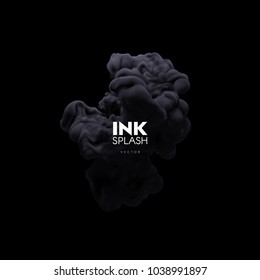 Black ink splash. Realistic vector illustration. Underwater swirling paint cloud isolated on black background. Dark turbulent liquid. Fluid colors. Abstract artistic element for design