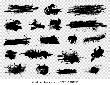 Black ink splash spots big set isolated on transparent background. Art brushes pack. Vector illustration