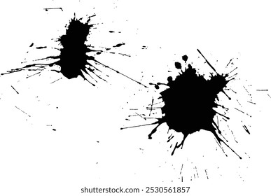 Black ink splash texture painting. Black ink spots set on transparent background. Ink illustration.