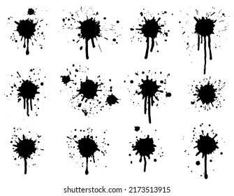 Black ink splashes with drips and drops, set.  Vector illustration