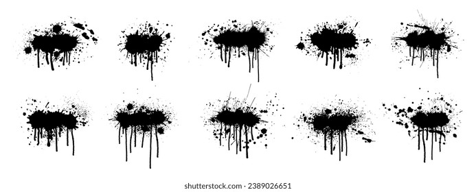 La tinta negra se rompe con goteo y gotas.  Ilustración del vector
