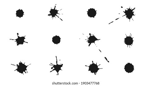 Black ink splashes and drops. Set of vector handdrawn blobs, blots and spatters