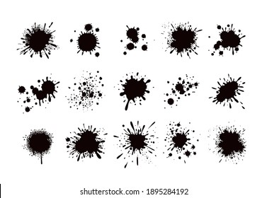 Black ink splashes. Grunge splatters. Blotter spots, liquid ink grunge abstract drip set. Inkblot collection. Durty paint stains.