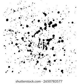 A tinta preta salta sobre um fundo branco. A textura grunge consiste em pontos pretos, respingos, manchas e manchas. Padrão granulado monocromático de gotículas pretas. Clipart vetorial ilustrado. Desenho manual sem ai
