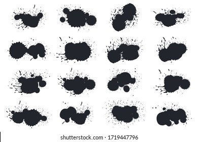 Black ink splashes set manually traced. inked splatter dirt stain splatter spray splash with drops blots isolated. grunge dirty liquid vector illustration.