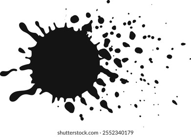 Black ink splashes and spreads on a white background, creating a dynamic abstract shape with tiny droplets. Perfect for projects needing monochrome contrast and texture