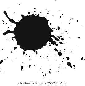 Black ink is splashing on a white background, creating an artistic mess with splatters and drips, perfect for grunge designs or textured overlays