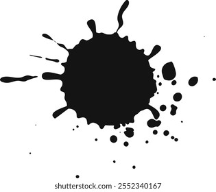 Black ink splashing on white background, creating dynamic, abstract composition. Messy, grungy texture adds contrast to minimal design. Isolated ink splatter stands out as bold, artistic element