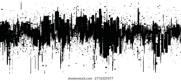 Black ink splatter abstract cityscape silhouette with textured vertical lines and scattered dots background