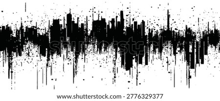 Black ink splatter abstract cityscape silhouette with textured vertical lines and scattered dots background