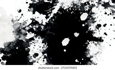 Textura abstracta del grunge de la salpicadura de la tinta negra con el chapoteo dinámico de la pintura y goteos en el Vector blanco del fondo	
