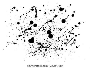 Black ink splatter background, isolated on white.