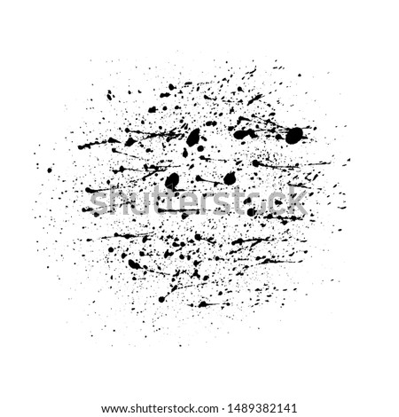 Black ink splatter background, isolated on white. Liquid drops. Round circle silhouette. Art overlay. Scratch spray. Grunge graphic element