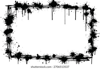 Black Ink Splatter and Drip Grunge Rectangular Frame Border Isolated Vector Graphic