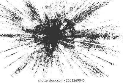 A black ink splatter effect radiating outwards on a white background.