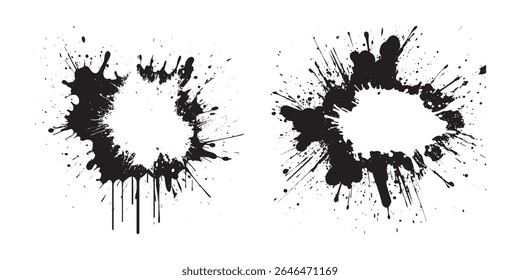 Black ink splatter explosion with drip paint drops vector abstract grunge texture isolated on white background element for graffiti splash poster banner design urban messy artistic style