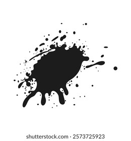 Black ink splatter in flat design. Splashing smudge shape with drips. Vector illustration isolated.