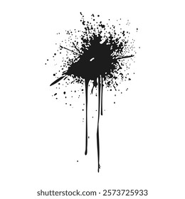 Black ink splatter in flat design. Dirty exploding paint spray with drops. Vector illustration isolated.