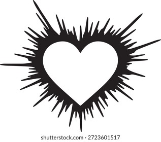 Forma de corazón salpicado de tinta negra con bordes puntiagudos afilados aislados en el símbolo blanco amor
