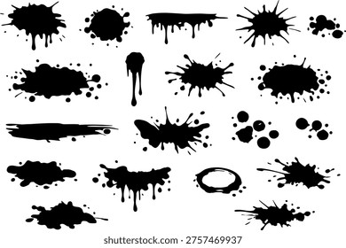 Black Ink Splatter and Paint Splash Set. Collection of black ink splashes and grunge paint elements. Perfect for edgy, urban, and artistic designs.