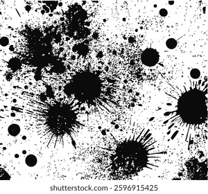 Black ink splatter texture with grunge abstract paint drops on white background.