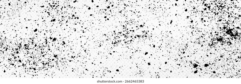 Schwarze Schmutzspritzer einzeln auf weißem, transparentem Hintergrund. Abstrakter farbiger Hintergrund mit verstreuten Punkten und Schmutzflecken. Minimalistische Oberflächengestaltung