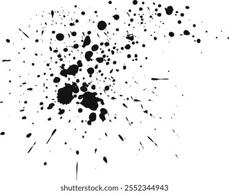 Black ink splattering on a white background, creating an abstract design representing artistic mess, chaos, or a creative explosion, suitable for backgrounds, textures, or grunge effects