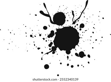 Black ink splatters artistically on a white background, creating an abstract design with varying shapes and sizes of ink droplets