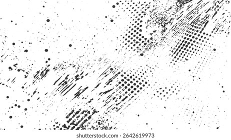 Des éclaboussures d'encre noire, des coups de pinceau et des points en demi-teinte sur fond blanc créent un effet grunge à texture. La composition est dynamique et abstraite.