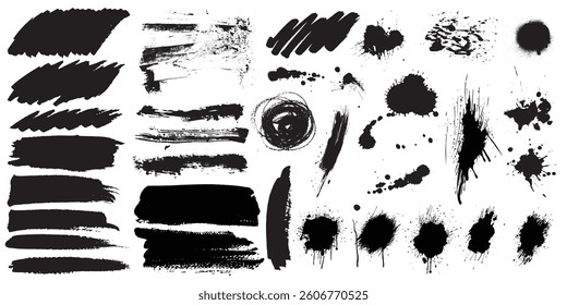 Black Ink Splatters and Brushstrokes Set on white Background