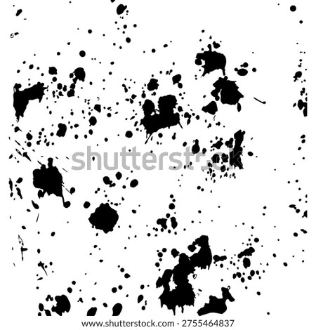 Black ink splatters dance across a stark white canvas. Drops vary in size and shape, some bold, others delicate. Texture suggests spontaneous, expressive creation