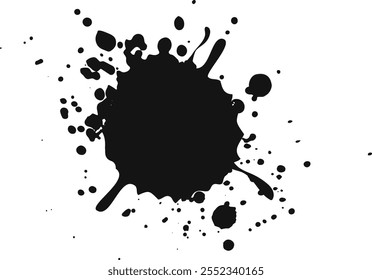 Black ink splatters dramatically against a pristine white backdrop, creating an abstract expression of artistic chaos with drips and dots