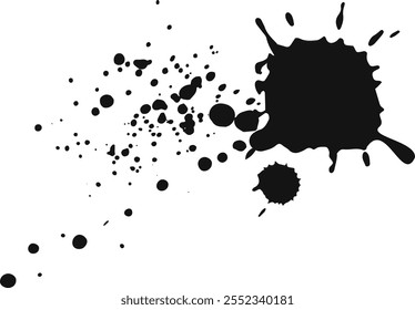 Black ink splatters and drips across a clean white background, creating an artistic mess with varying sized droplets and a large, irregular shaped blot