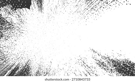 Salpicaduras de tinta negra y textura grunge con rayas sobre un fondo blanco.