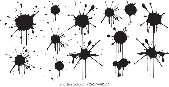 Black ink splatters on a clean white background, perfect for grunge textures, art, or design projects.