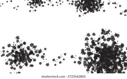 Las salpicaduras de tinta negra y las salpicaduras de pintura forman una textura abstracta orgánica e irregular sobre un fondo blanco limpio, creando un efecto grunge afligido para un Diseño gráfico versátil
