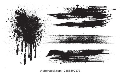 Black ink splatters and rough brush strokes create a dynamic and abstract texture on a white background.
