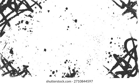 Salpicaduras de tinta negra y pinceladas ásperas sobre un fondo blanco.